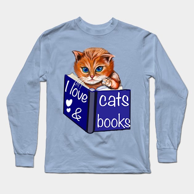 I love cats and books- blue eyed Kitten reading a book. Book Reading themed gifts for lovers of cats and books Long Sleeve T-Shirt by Artonmytee